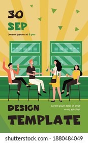 Cheerful men and women sitting in pub flat vector illustration. Cartoon people drinking beer, talking and relaxing in bar. Alcohol drinks and friendship concept
