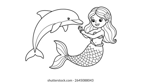 Cheerful Mermaid And Basic Dolphin Outline Coloring Sheet Whimsical Sea Life Encounter For Kids Coloring Activity