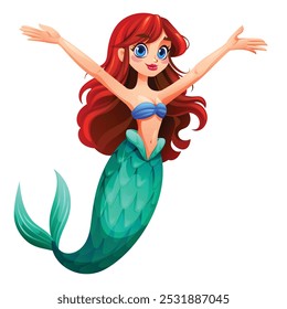 Cheerful mermaid character raising arms. Vector cartoon illustration