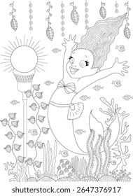 Cheerful mermaid coloring page design with open arms amidst a vibrant underwater scene featuring playful fish, intricate coral, swaying seaweed, and a glowing sun-like object for kids and adults.