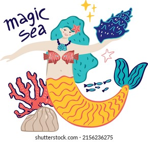 Cheerful mermaid with corals, starfish, lettering magic sea isolated on white. Banner concept about sea tales, a magical underwater world for postcards, posters, parties. Cartoon vector illustration