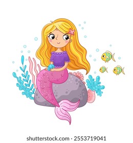 a cheerful mermaid with long blonde hair, sitting on a rock surrounded by underwater plants and colorful fish. She holds a small shell in her hands, creating a magical and vibrant underwater scene.