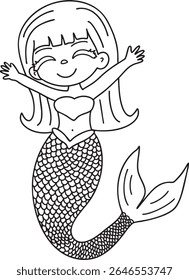 Cheerful mermaid outline vector illustration Hand-drawn art line Great for coloring book, greeting cards, educational material, kids party invitations	