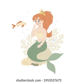 Cheerful mermaid sits on a stone. Childish vector illustration for apparel design, poster, wall art.