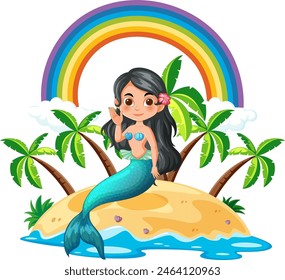 Cheerful mermaid sitting on sandy island under rainbow