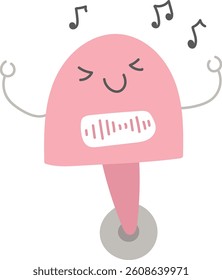 A cheerful microphone robot with a smiling face and musical notes in a playful cartoon style. The singing robot character is depicted with expressive features and whimsical elements. Cartoon vector