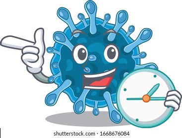 Cheerful microscopic corona virus cartoon character style with clock