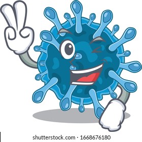 Cheerful microscopic corona virus mascot design with two fingers