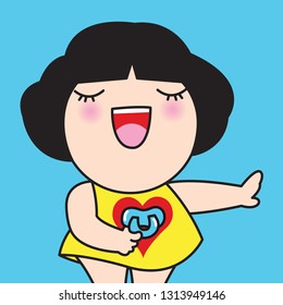 Cheerful Middle Aged Woman Putting A Dummy Or Pacifier Into Her Own Heart. Young At Heart Concept Card Character illustration