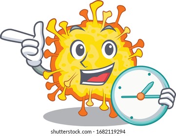 Cheerful minacovirus cartoon character style with clock