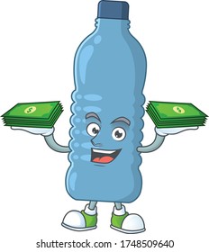 A cheerful mineral bottle mascot design with some money on hands