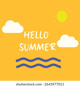 A cheerful and minimal summer-themed graphic with a bright sun, a watermelon slice, and bold "Hello Summer" text.