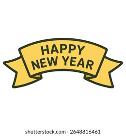 A cheerful and minimalist flat design vector illustration of a yellow ribbon banner with "HAPPY NEW YEAR" text, perfect for conveying holiday greetings, celebration, and festive wishes.