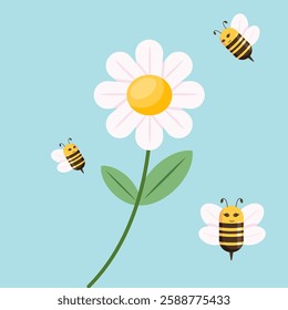 A cheerful minimalist flat vector illustration featuring a delicate spring flower stem with a honey bee