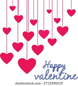 Un fondo de Vector alegre y minimalista con múltiples corazones rojos y rosas brillantes suspendidos por cuerdas delgadas sobre un fondo blanco. El texto azul del guion "Feliz San Valentín" se coloca en el anillo inferior