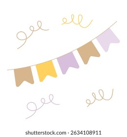 Cheerful and minimalistic with a garland of pastel colors and pennants in the shape of flags, swirls of confetti in soft colors.