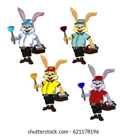 Cheerful mischievous plump rabbit plumber. Vector color illustration of a Cute smiling Bunny in a cap, shirt and shorts is holding a plunger and Suitcase with tools