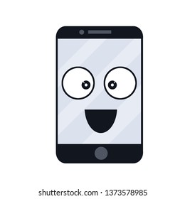 Cheerful mobile phone with a smile on the screen. Happy emotions of the smartphone on a blue monitor. Fun Gadget for communication people. Cute Face and eyes of the device.