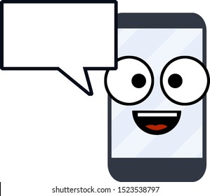Cheerful mobile phone with smile on screen. Fun Gadget for communication people. Cute Face and eyes of device with white bubble for text. Happy emotions of smartphone on blue monitor 