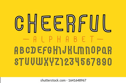 Cheerful modern font, trendy striped alphabet, fun letters and numbers, vector illustration