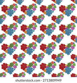 Uma estampa têxtil moderna e alegre composta por formas de coração repetidas formadas por aglomerados de pequenas flores coloridas em vermelho, azul, verde e roxo em um fundo branco.