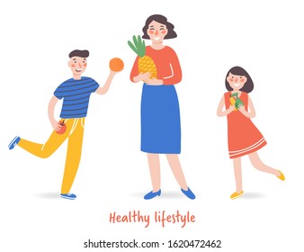 Cheerful mom with children hold fruits. Happy family woman, boy, girl with food. Pineapple, apple, pear, orange. Bright vector illustration in cartoon flat style. Healthy lifestyle lettering.