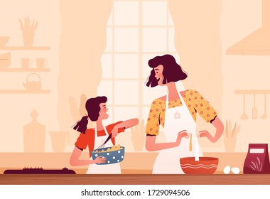 Cheerful mom and daughter cook together at home in the kitchen. The concept of happy motherhood and joint activities with children