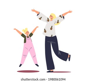 Cheerful mom and daughter jump up in air. Happy smiling joyful mother and little girl kid jumping, having fun together. Cartoon flat vector illustration