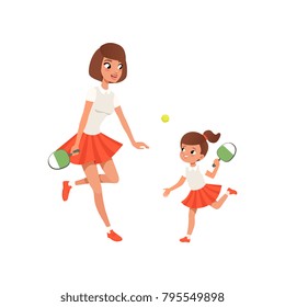 Cheerful mom and her daughter playing ping pong. Outdoor activity. Girl and her mother in sportswear. Sporty family. Motherhood concept. Flat vector design