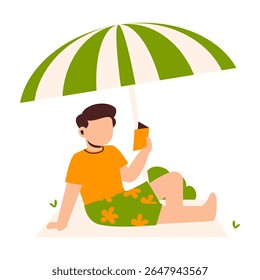 A cheerful moment of relaxation by the sea as a person lounges under a colorful beach umbrella, enjoying a sunny and vibrant day outdoors.