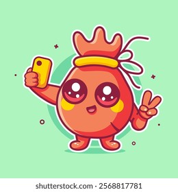 cheerful money bag character mascot taking a selfie with a smartphone isolated cartoon 