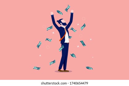 Cheerful money - Happy rich hipster businessman with beard and man bun throwing money in the air. Achieved financial success, happiness, and freedom concept. Vector illustration. 