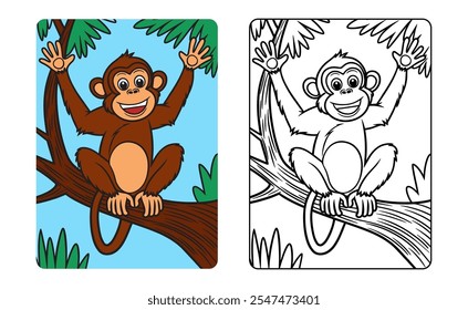 Cheerful monkey ape cartoon character on tree line art for kids coloring page book vector illustration