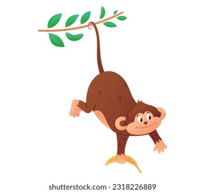 Cheerful monkey with a banana tail hanging on a liana branch. Vector isolated cartoon tropical animal chimpanzee.