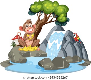 Cheerful monkey with bananas by a waterfall