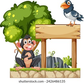 Cheerful monkey and bird beside a blank sign