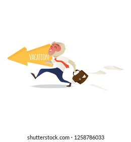 Cheerful monkey in business suit with briefcase running happily in direction of vacation in flat gradient style. Isolated vector illustration of smiling macaque office worker going to rest.