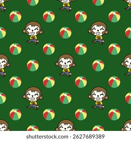 Cheerful monkey character with beach balls pattern