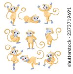 Cheerful Monkey Character with Prehensile Tail Vector Illustration Set