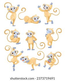 Cheerful Monkey Character with Prehensile Tail Vector Illustration Set