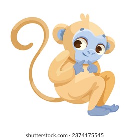 Cheerful Monkey Character with Prehensile Tail Sitting and Smiling Vector Illustration