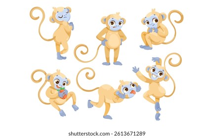 Cheerful Monkey Character with Prehensile Tail Vector Illustration Set