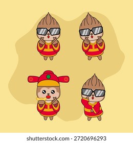 Personagem macaco alegre em traje chinês vermelho 
com gesto de dedo do coração. Ilustração vetorial. EPS 10. 