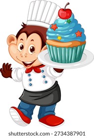 A cheerful monkey chef wears a white hat and uniform while holding a giant cupcake