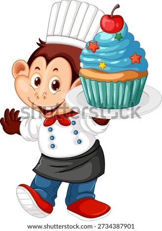 A cheerful monkey chef wears a white hat and uniform while holding a giant cupcake
