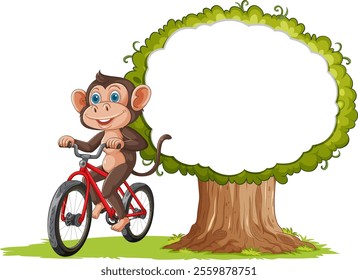 Cheerful monkey cycling beside a large tree