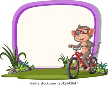 A cheerful monkey cycling in a grassy area