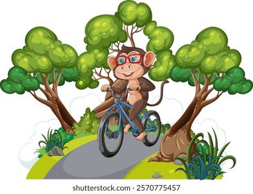 A cheerful monkey cycling through a forest path