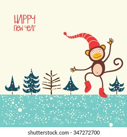 Cheerful monkey dancing on the snow. Happy new year 2016.