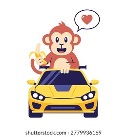 A cheerful monkey drives a bright yellow sports car with a banana in hand, showing love. Fun transportation scene.